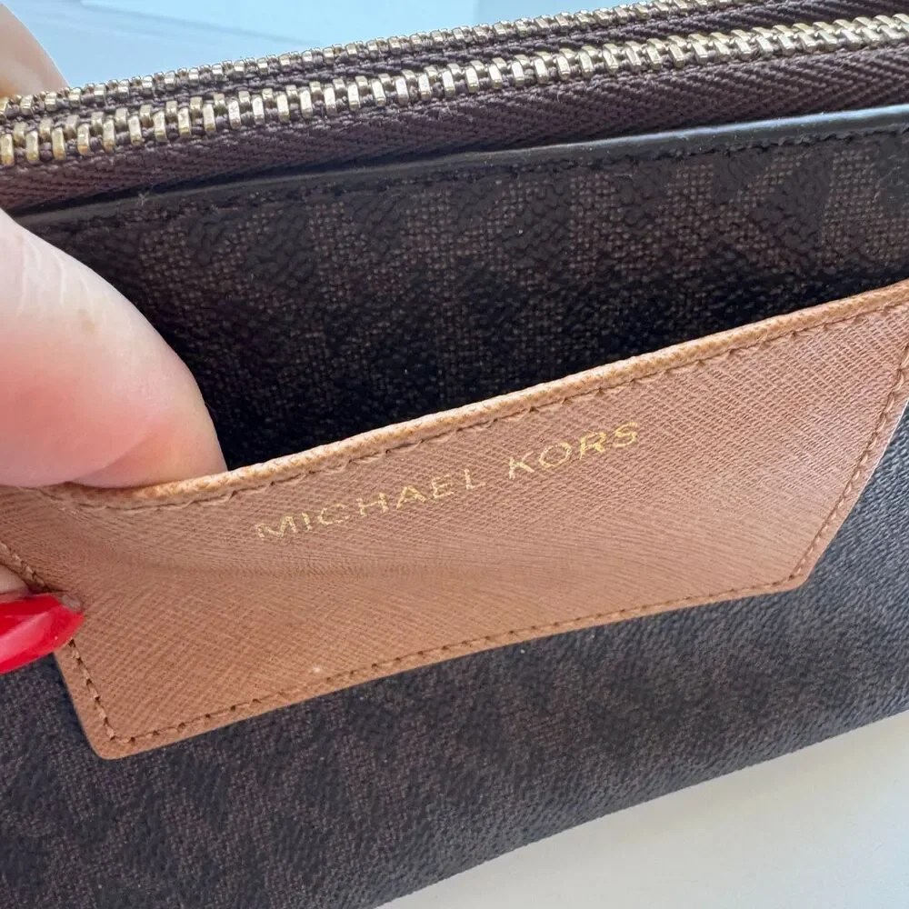 Michael Kors Bedford Double Zip Clutch Dark Brown Logo Signature Monogram